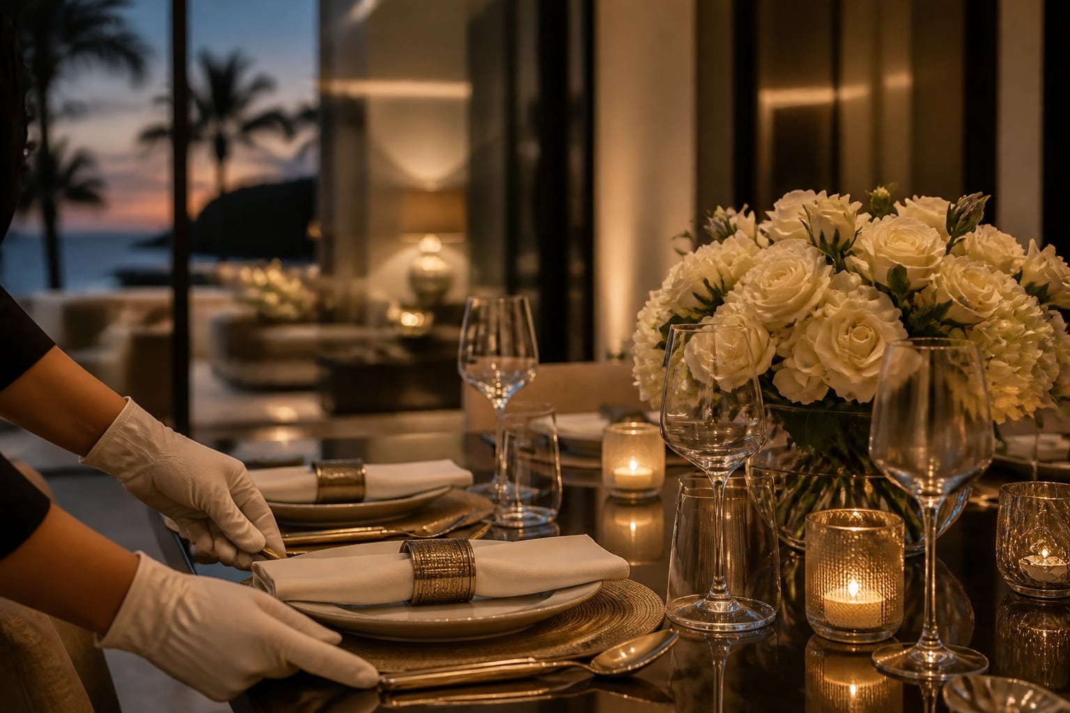 Mesa elegante preparada por personal doméstico de lujo