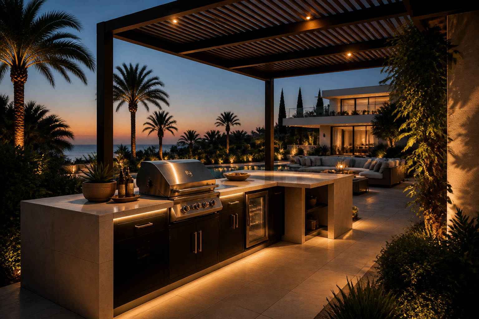 Cocina exterior mediterránea de lujo y terraza al atardecer