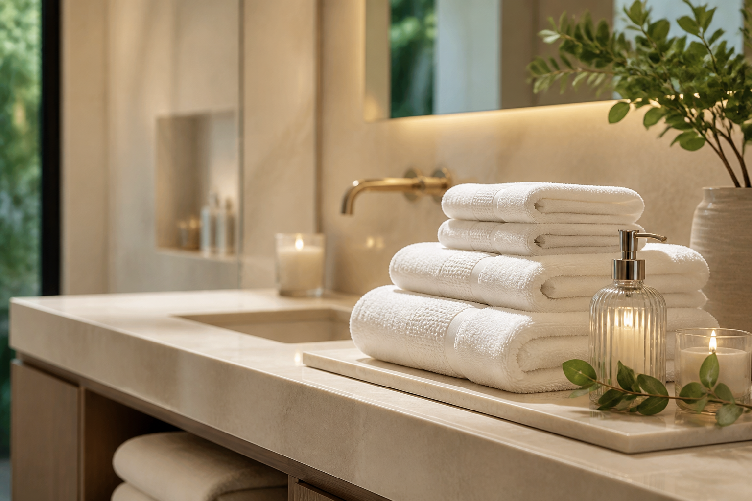 Toallas blancas dobladas en un baño de lujo tras una limpieza premium