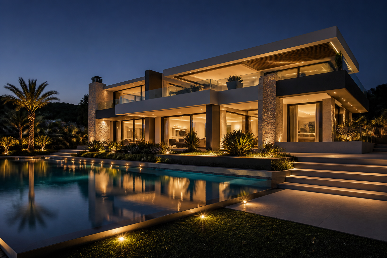 Villa moderna de lujo en Marbella al atardecer