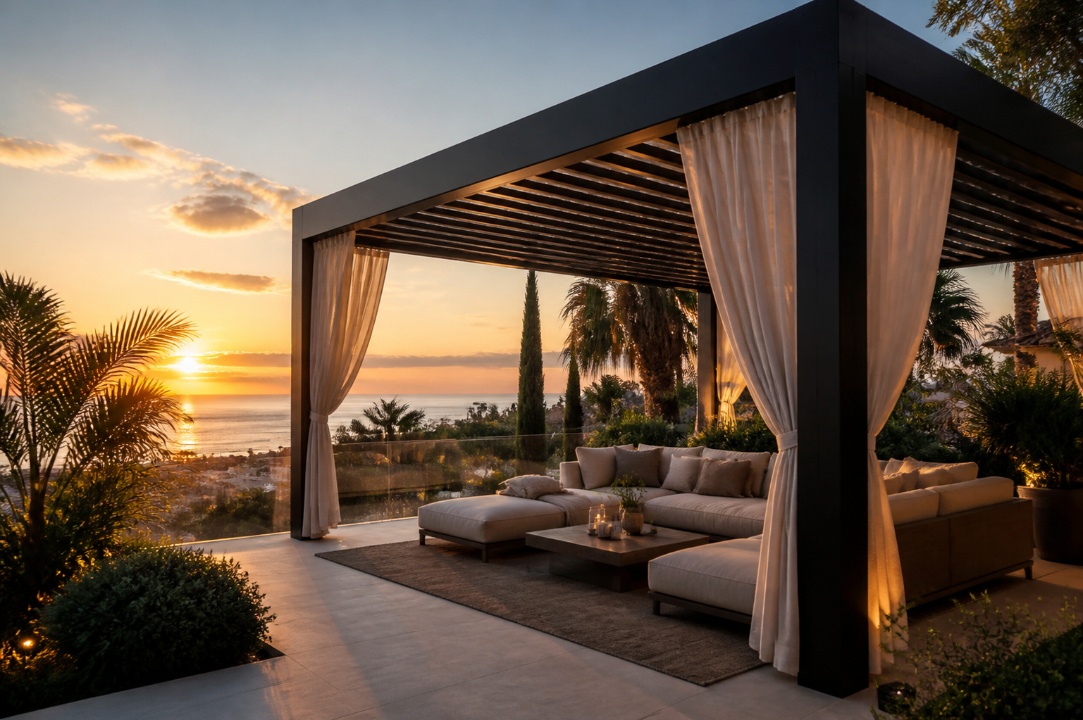 Pérgola mediterránea y zona de terraza al atardecer