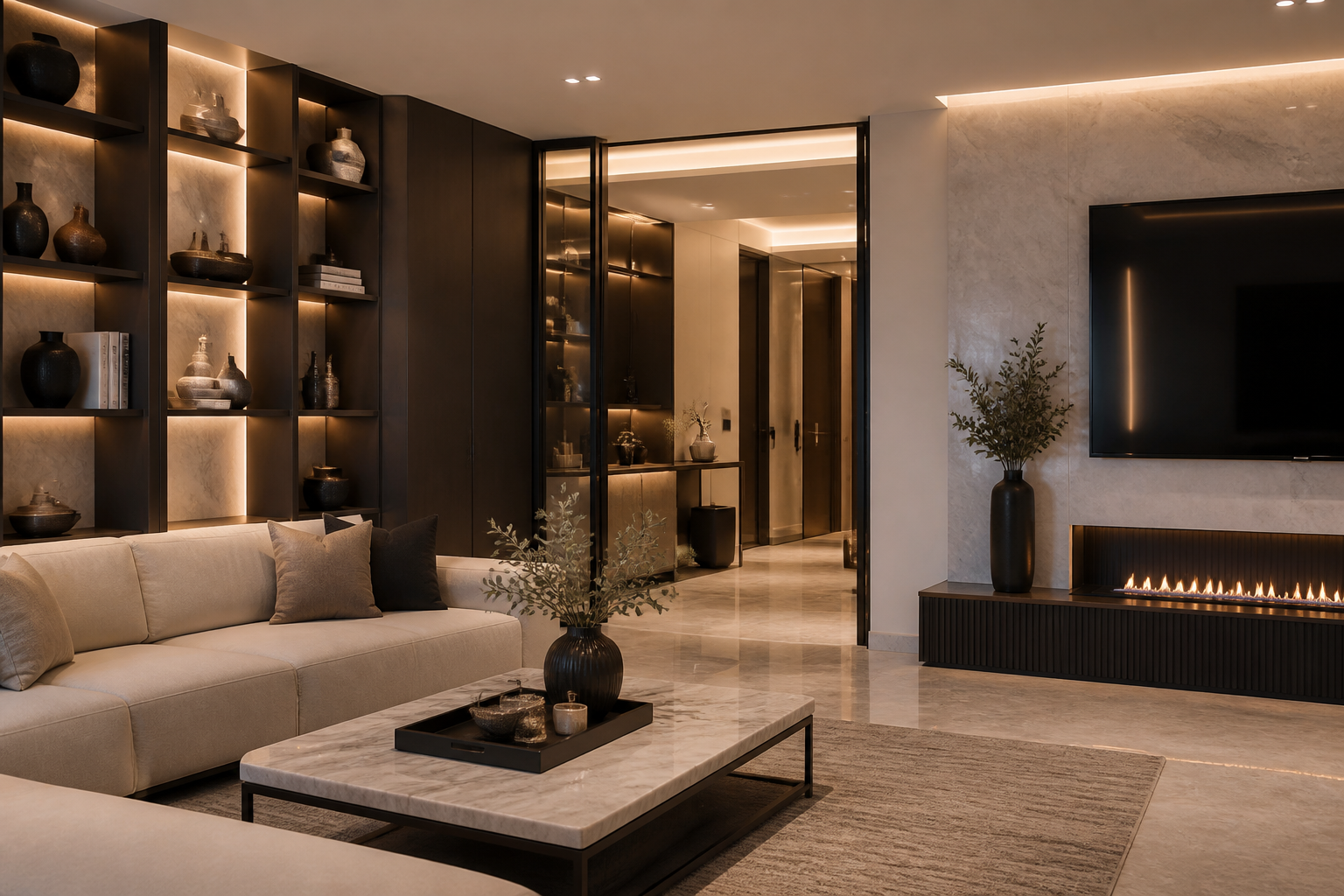 Reforma interior de lujo con iluminación cálida