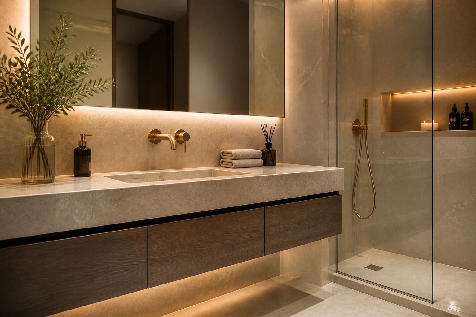 Baño de lujo reformado con iluminación cálida y acabados de piedra