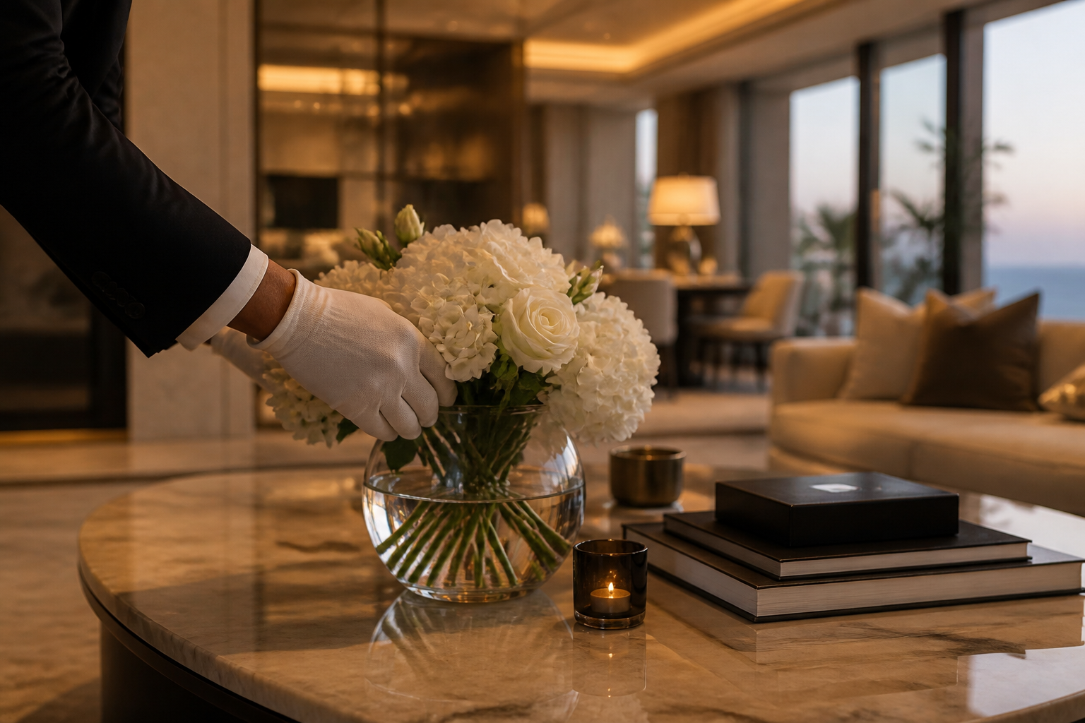 Conserje con guantes blancos colocando flores en una villa de lujo